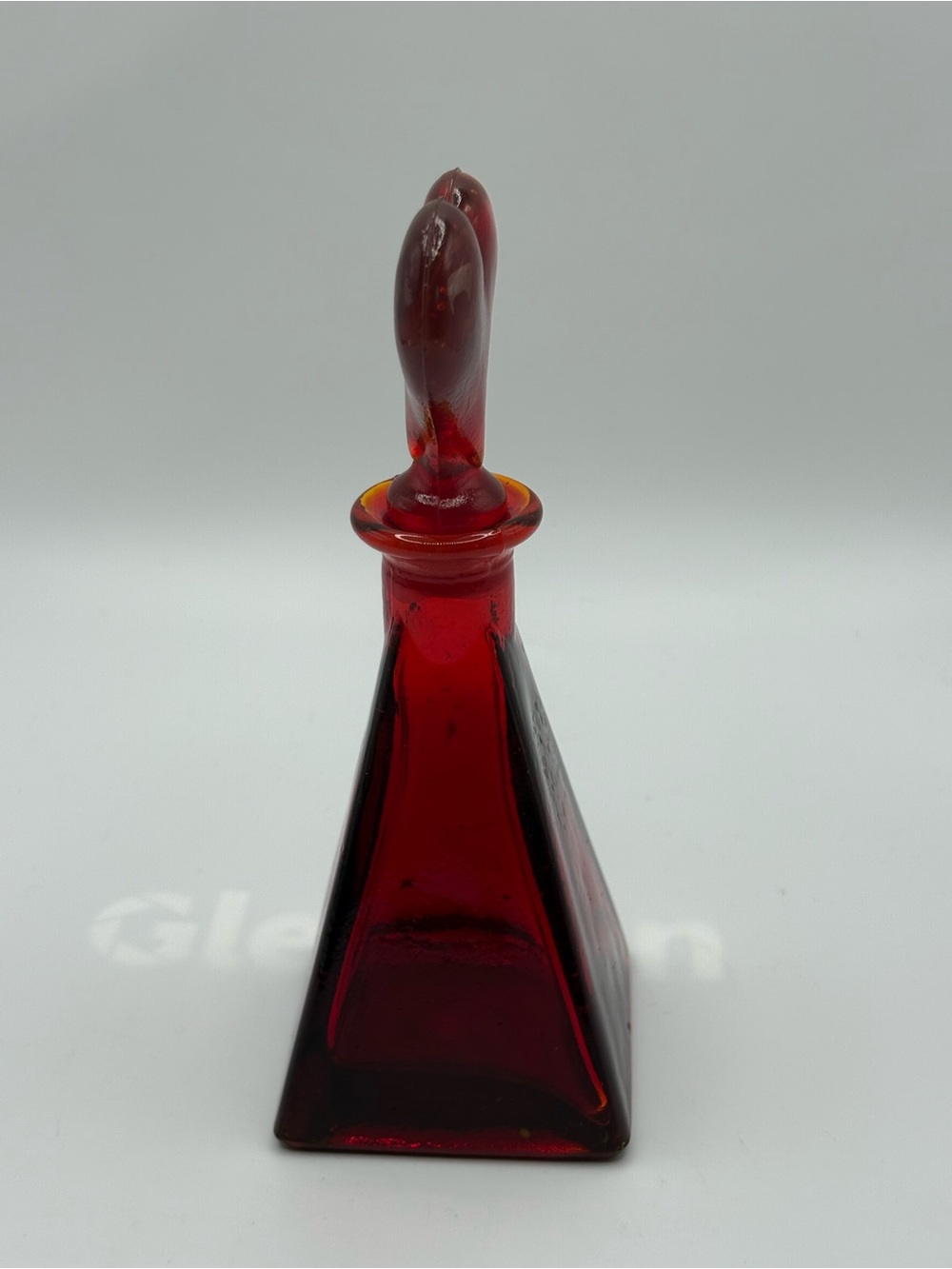 VTG Ruby Red Art Glass Bottle W/ Heart Shaped Stopper Triangle Base Glows 6.5” - Picture 6 of 16